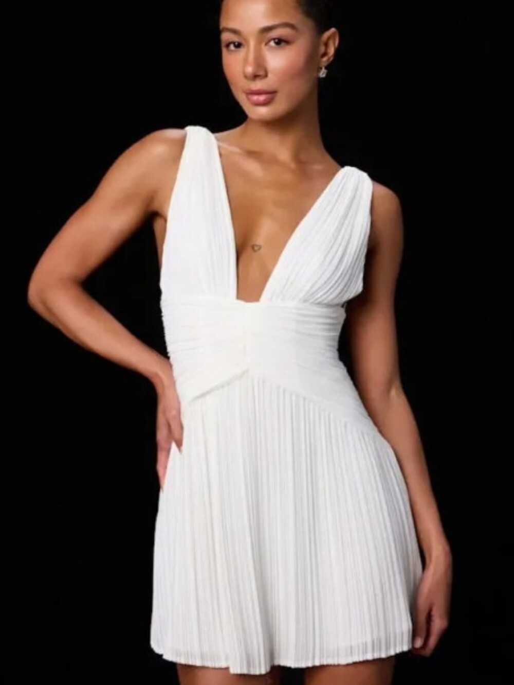 Lulu's Rhea White Plunging V-Neck Pleated Mini Dress